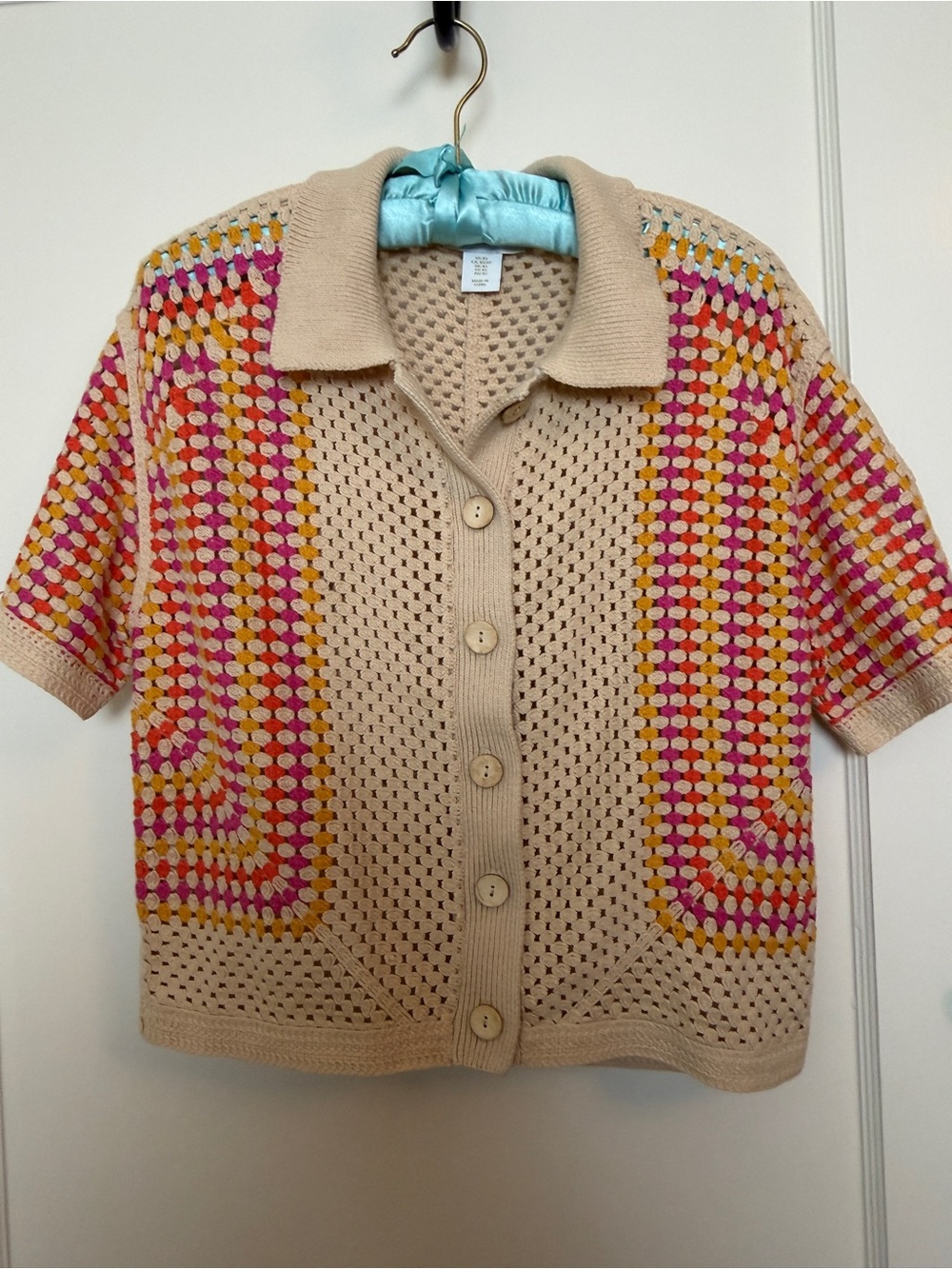 House of Harlow Crochet Knit Short Sleeve Cardigan Sweater